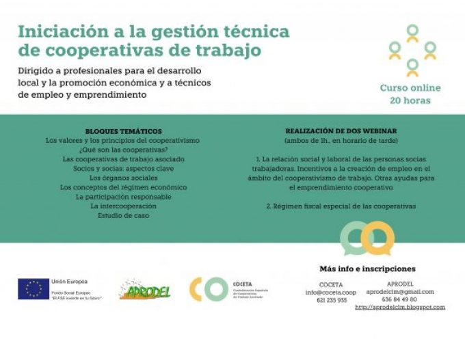 Curso de Formación sobre Iniciación a la gestión de Cooperativas de Trabajo para profesionales del Desarrollo Local en Castilla La Mancha. Gratuito.